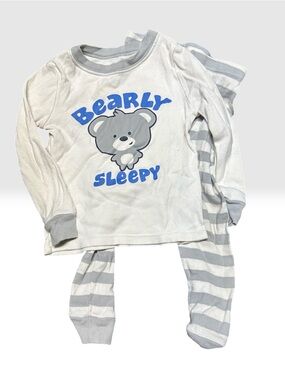 Bearly Sleepy Gray Kids Pajama Set - Long Sleeve Top & Striped Pants